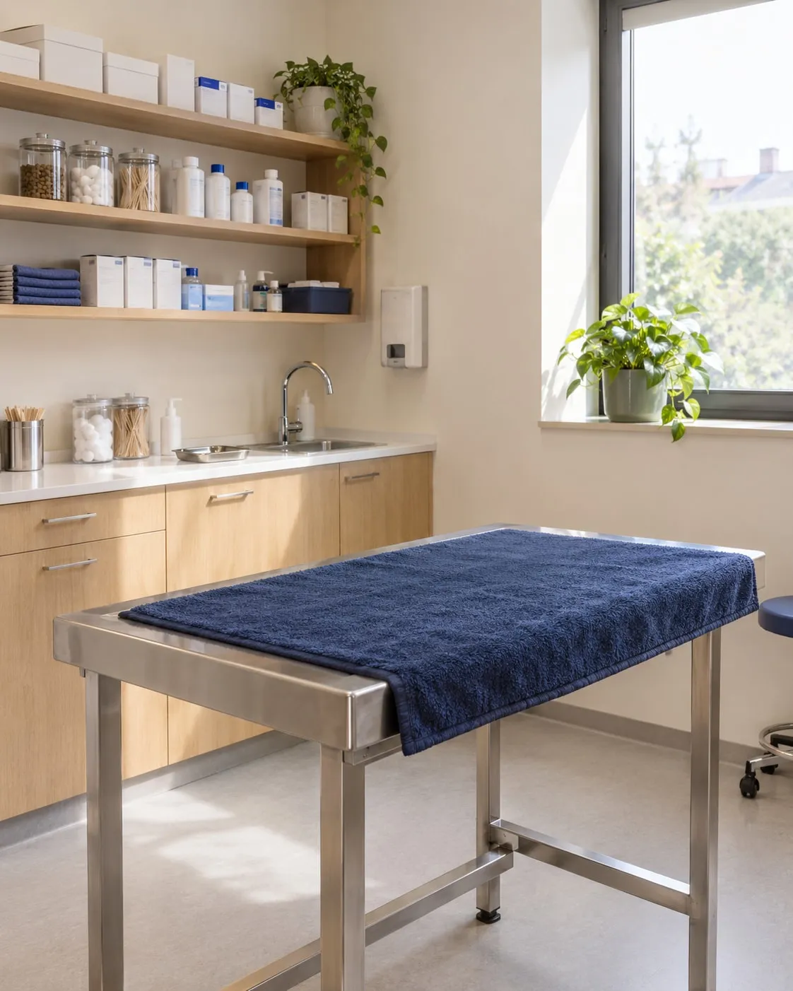 Sala de consulta veterinária luminosa e arrumada com mesa de exame e prateleiras de material