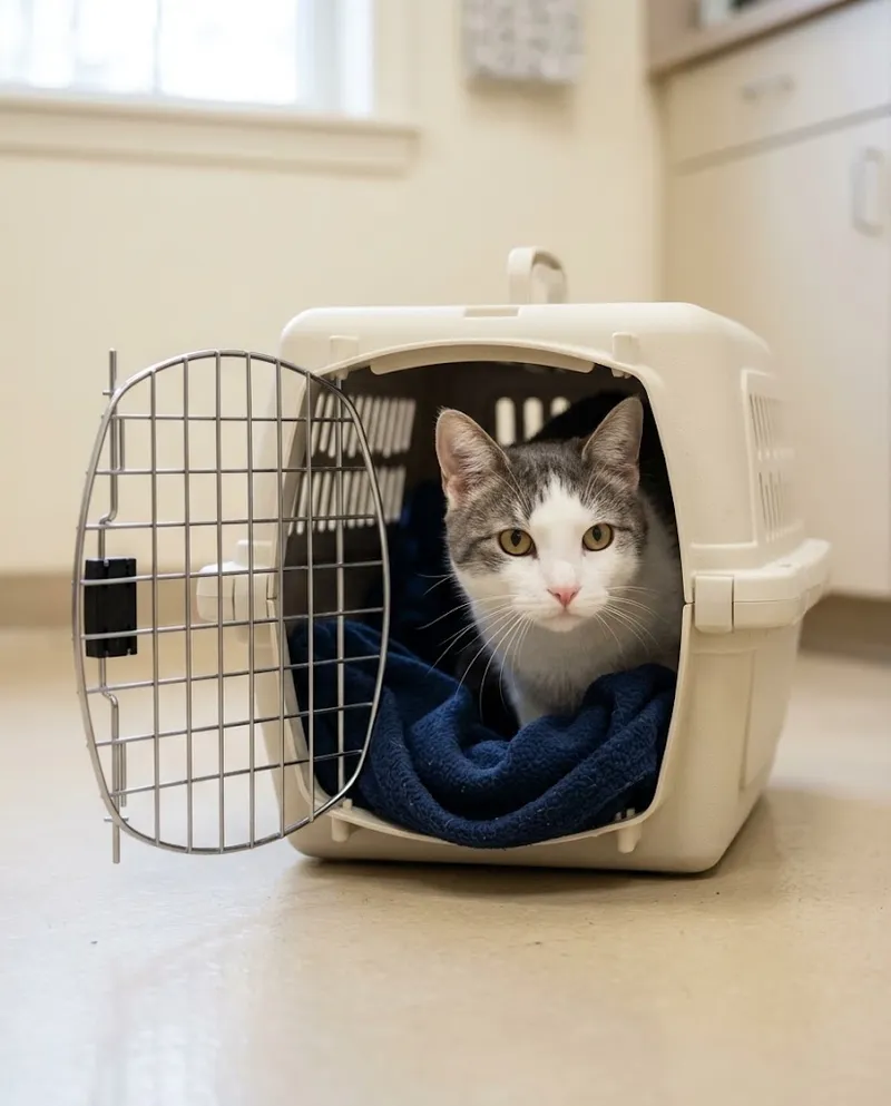 Gato a espreitar de uma transportadora no chão da clínica