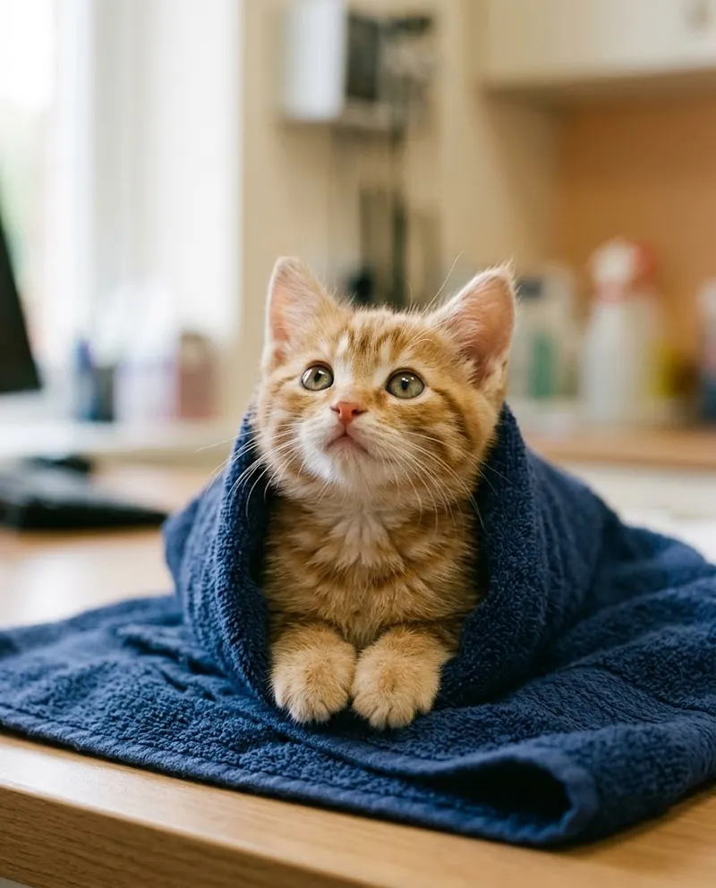 Gatinho embrulhado numa toalha macia na mesa de consulta