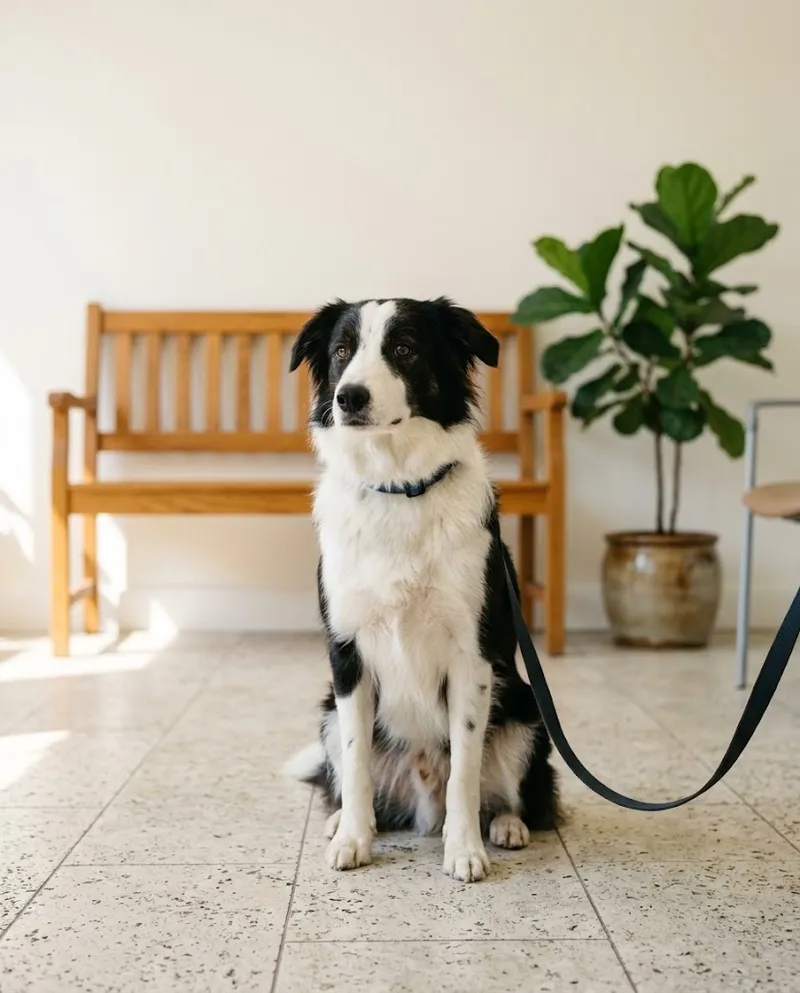 Cão calmo à trela numa sala de espera luminosa