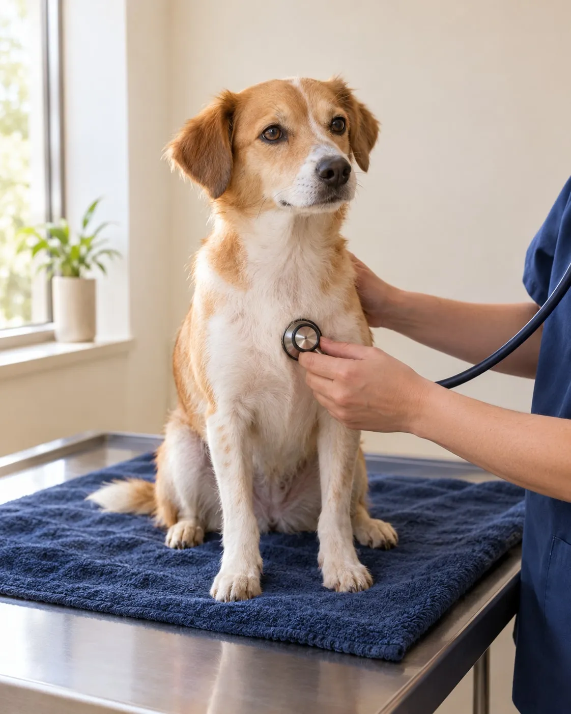 Mãos de um veterinário com estetoscópio a examinar um cão pequeno e calmo na mesa de consulta