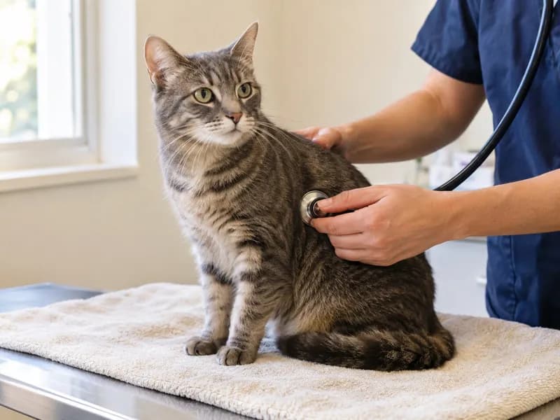 Veterinário a auscultar o coração de um gato com estetoscópio na mesa de consulta